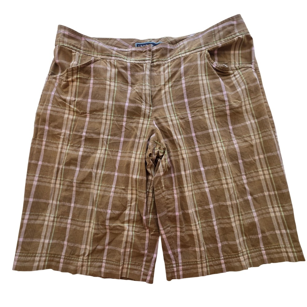 Izod Womens Plaid Bermuda Golf Shorts Y2K Cotton Stretch Brown Tan Pink Size 10